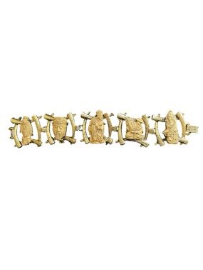 1960s COLCO Textured Gold-tone Link Bracelet 5 Chinese Gods of Fortune